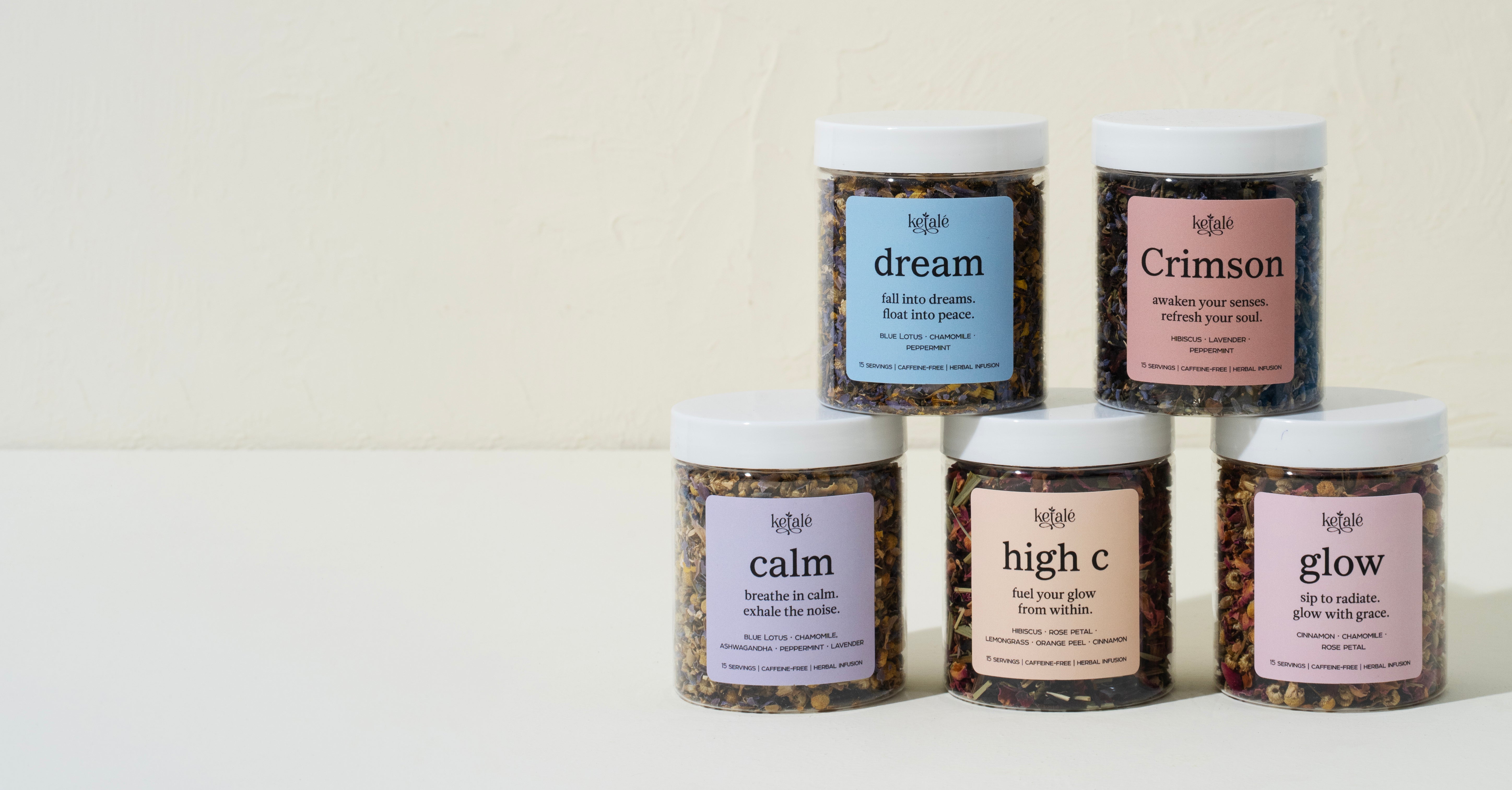 The image features five pastel-labeled jars of herbal tea blends from Teatale, each promoting wellness with unique ingredients and calming taglines. Arranged artfully on a cream background, the teas evoke themes of serenity, radiance, and inner peace.