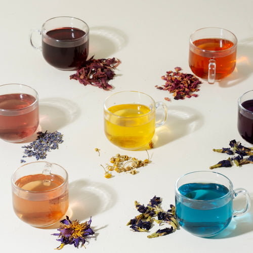 A vibrant assortment of colorful herbal teas displayed in clear glass cups on a light surface, each surrounded by its natural dried ingredients—such as hibiscus, chamomile, lavender, rose petals, and butterfly pea flowers—showcasing a beautiful spectrum of hues from deep red and golden yellow to soft pink, bright blue, and rich purple, capturing the natural beauty and diversity of botanical tea blends.